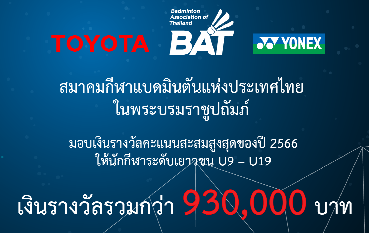 โครงการมอบเงินรางวัลคะแนนสะสมสูงสุดของปี 2566 ให้นักกีฬาระดับเยาวชน U9 – U19